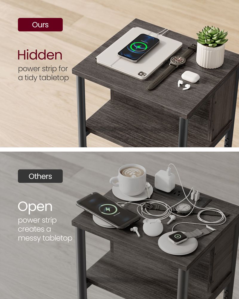 3-Tier End Table With Charging Station – USB Ports & Outlets – Slim Design