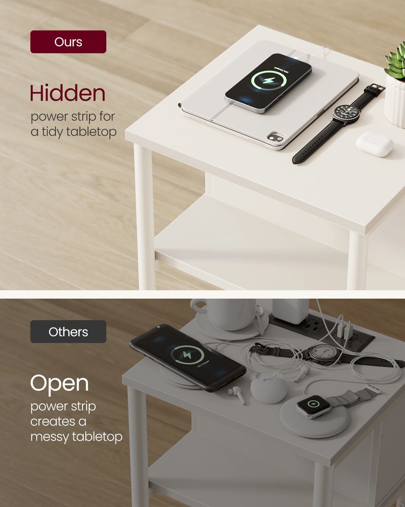 3-Tier End Table With Charging Station – USB Ports & Outlets – Slim Design