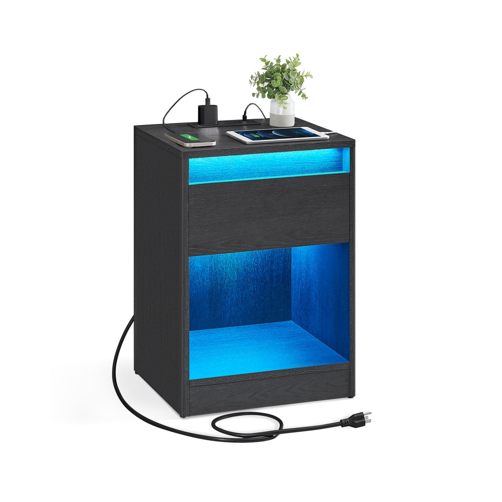 Nightstand With Charging Station – Adjustable LED Lights – Modern Bedside Table