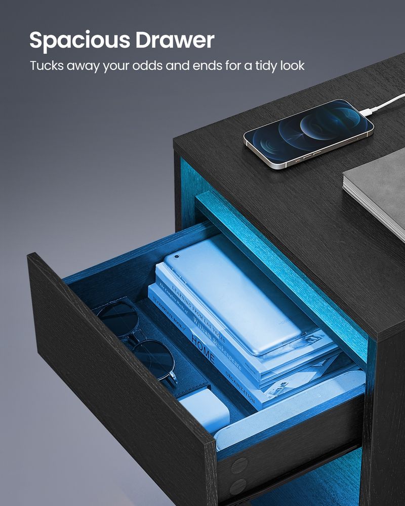 Nightstand With Charging Station – Adjustable LED Lights – Modern Bedside Table