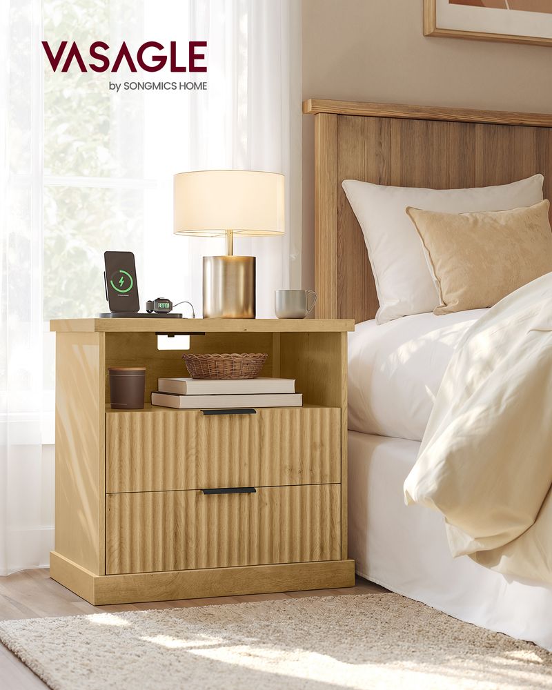 Nightstand With Charging Station 2 Drawer Bedside Table With Shelf