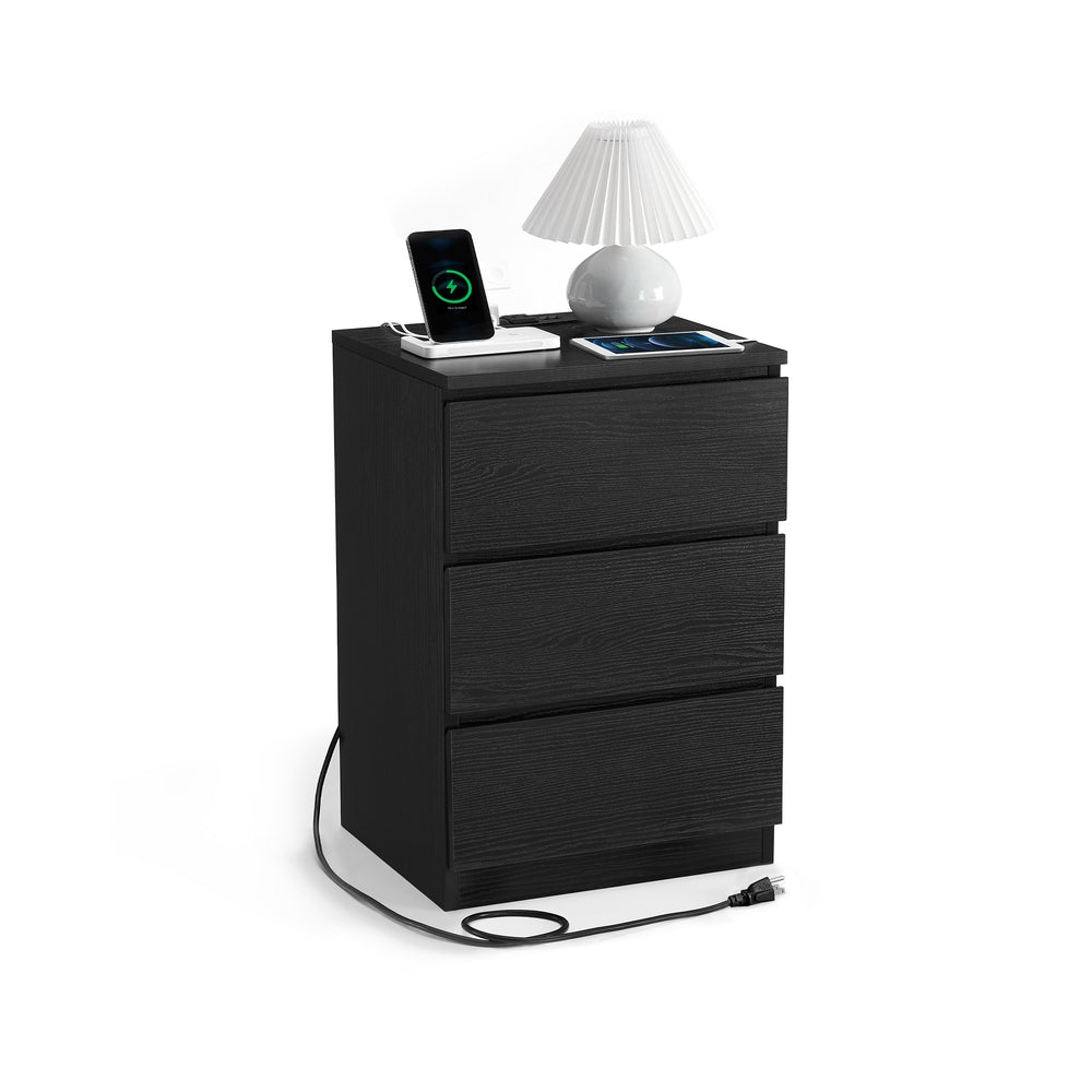 Nightstand With Charging Station – 3 Drawers – Modern Bedside Table