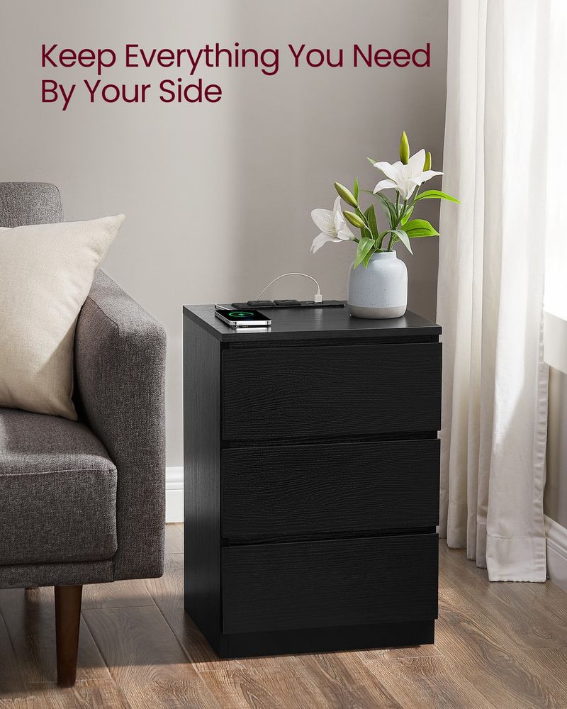 Nightstand With Charging Station – 3 Drawers – Modern Bedside Table