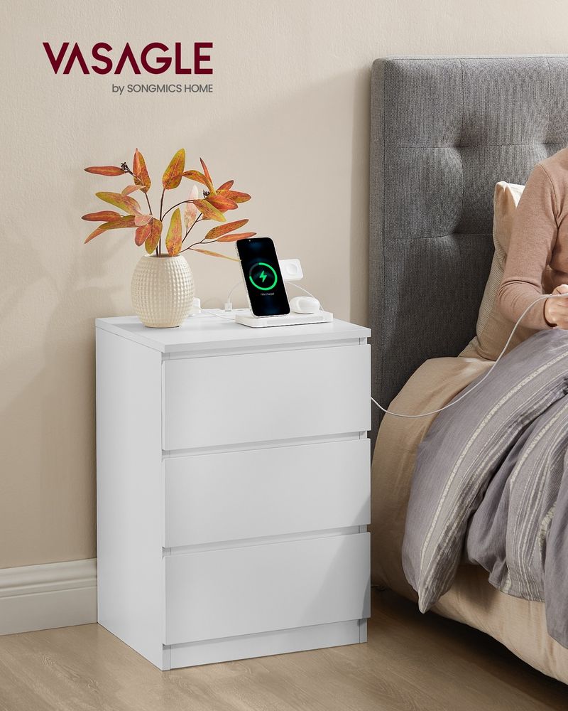 Nightstand With Charging Station – 3 Drawers – Modern Bedside Table