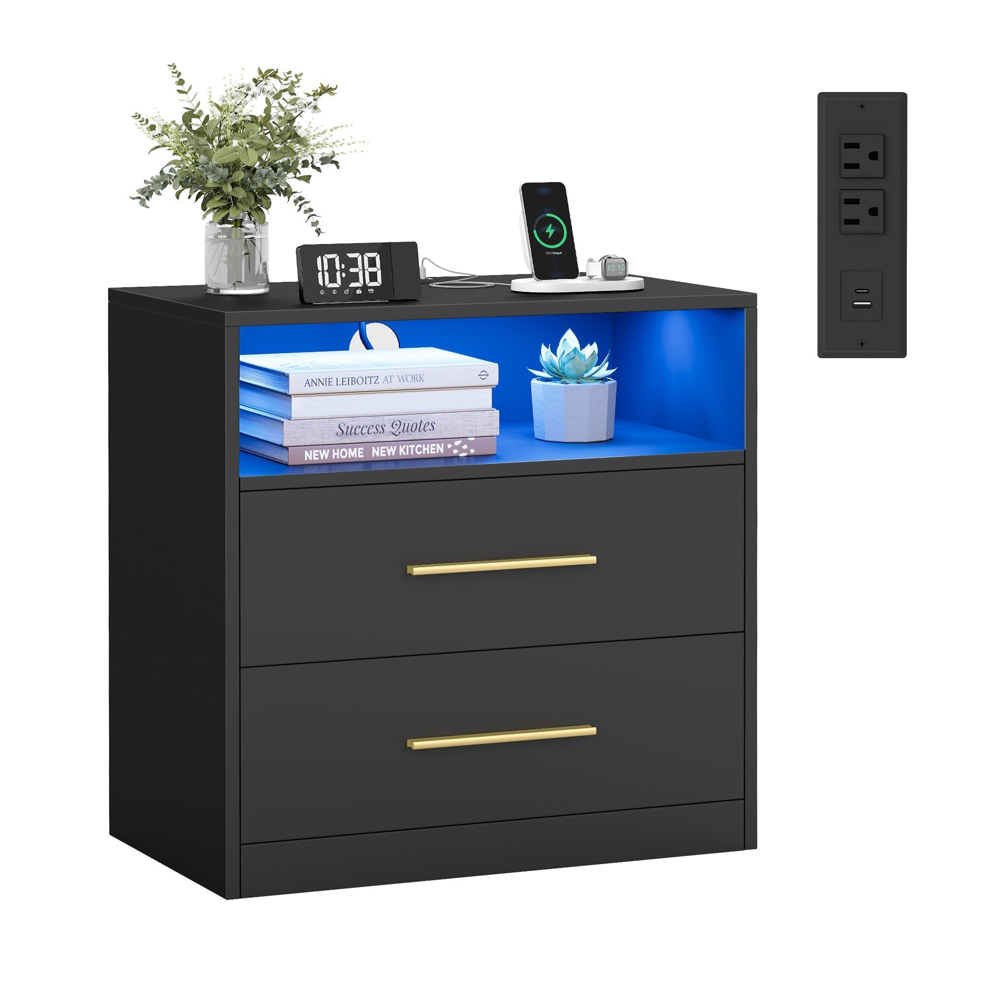Nightstand With Charging Station and LED Lights 2 Drawer Bedside Table