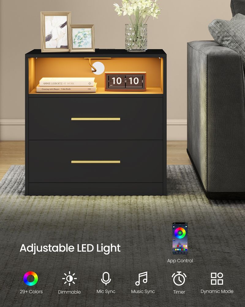 Nightstand With Charging Station and LED Lights 2 Drawer Bedside Table