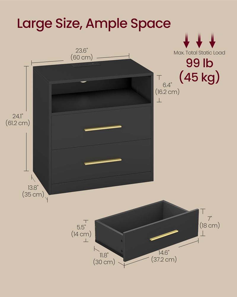 Nightstand With Charging Station and LED Lights 2 Drawer Bedside Table