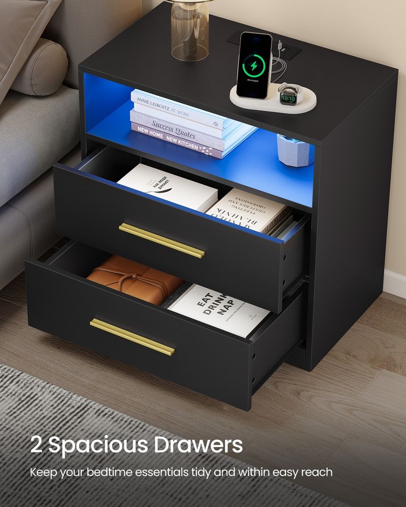 Nightstand With Charging Station and LED Lights 2 Drawer Bedside Table