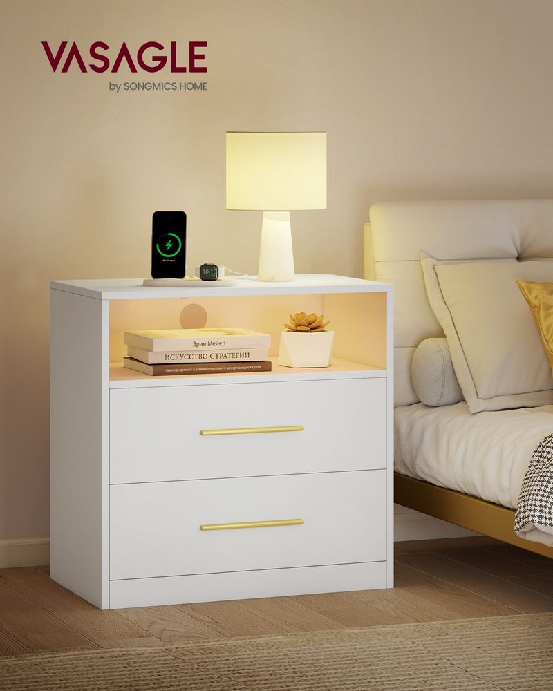 Nightstand With Charging Station and LED Lights 2 Drawer Bedside Table