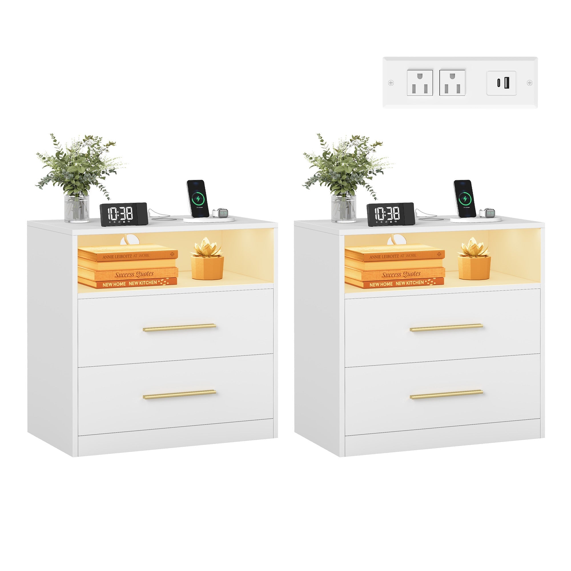 Nightstand With Charging Station and LED Lights 2 Drawer Bedside Table