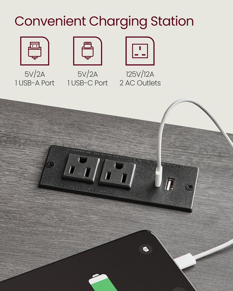 Nightstand With Charging Station - Farmhouse Style - Drawer Shelf