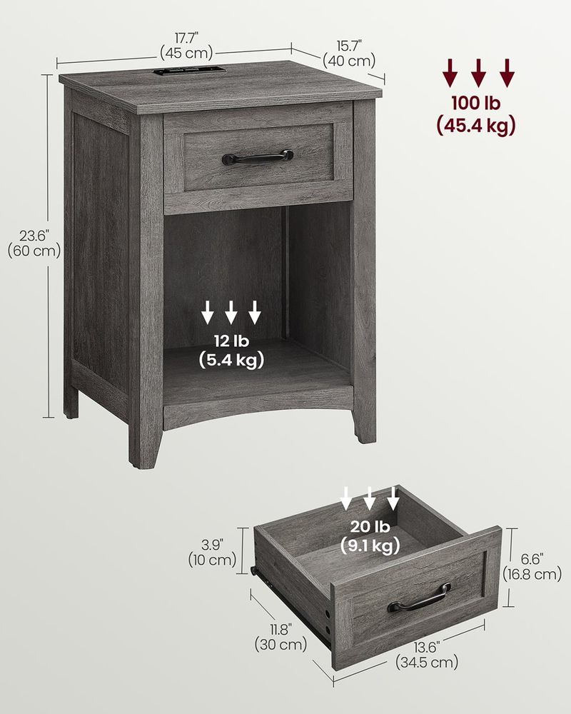 Nightstand With Charging Station - Farmhouse Style - Drawer Shelf