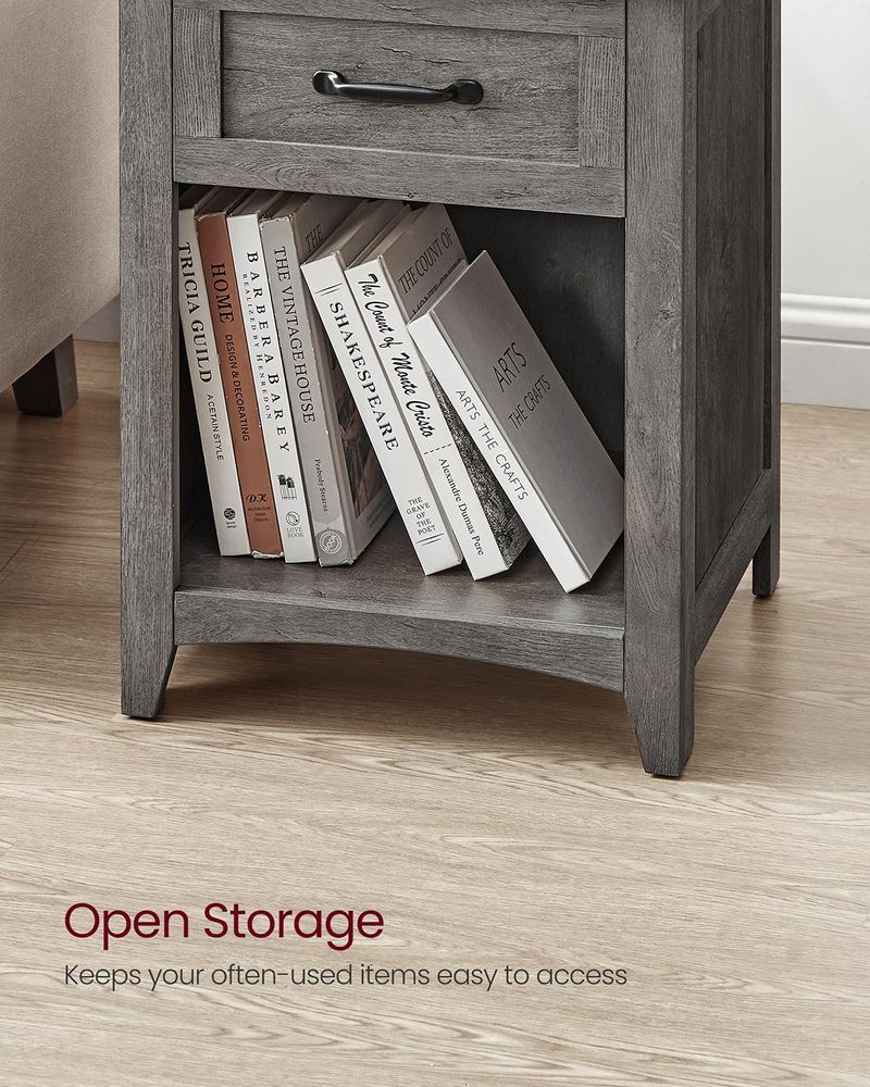 Nightstand With Charging Station - Farmhouse Style - Drawer Shelf