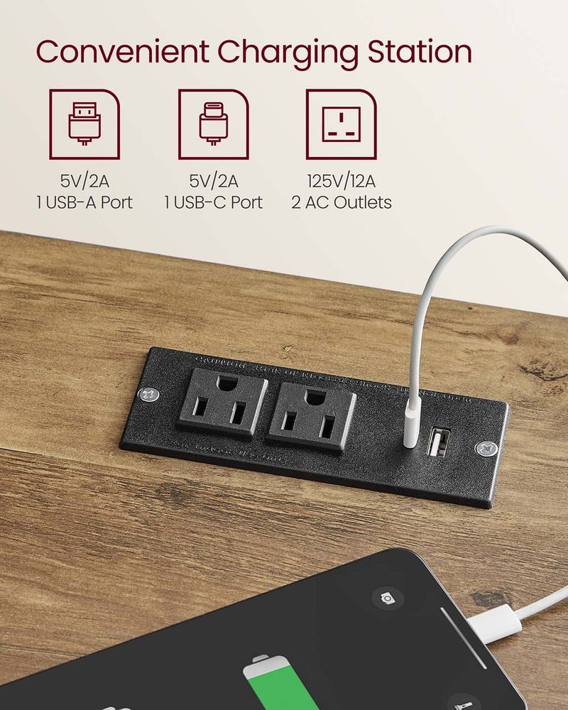 Nightstand With Charging Station - Farmhouse Style - Drawer Shelf