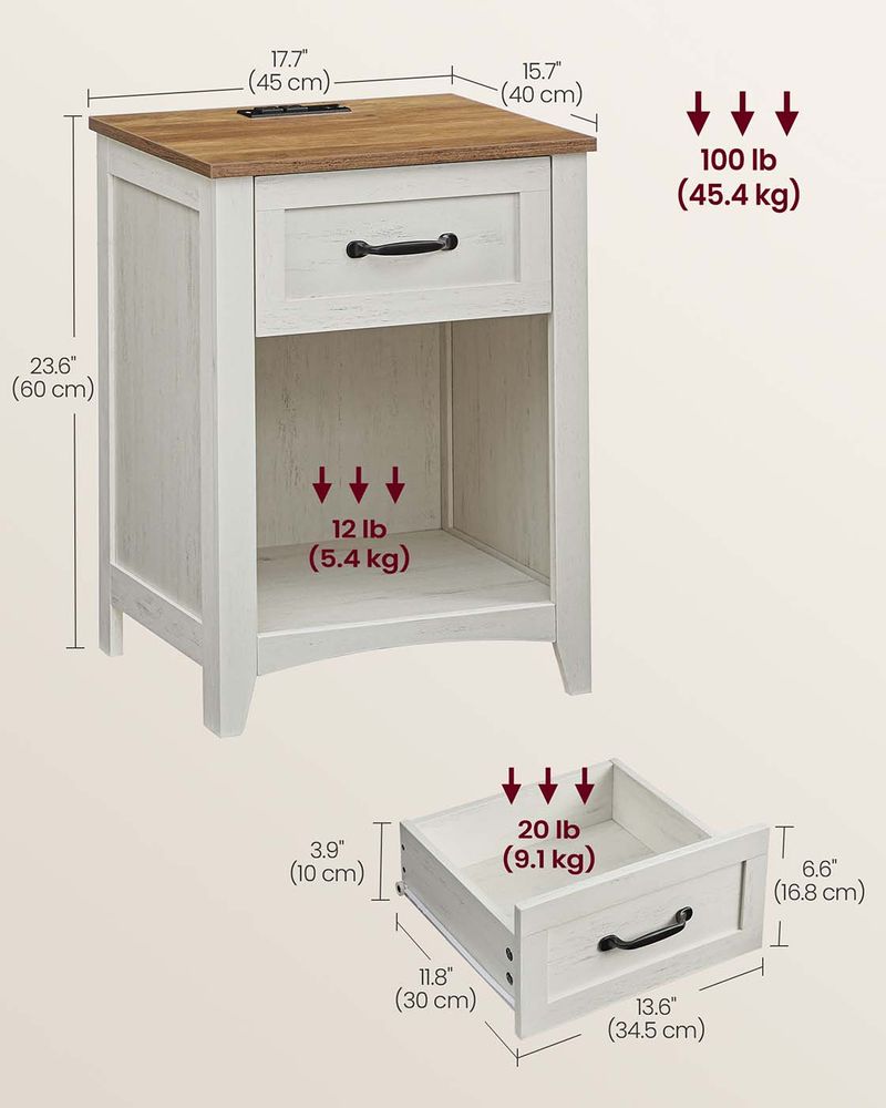 Nightstand With Charging Station - Farmhouse Style - Drawer Shelf