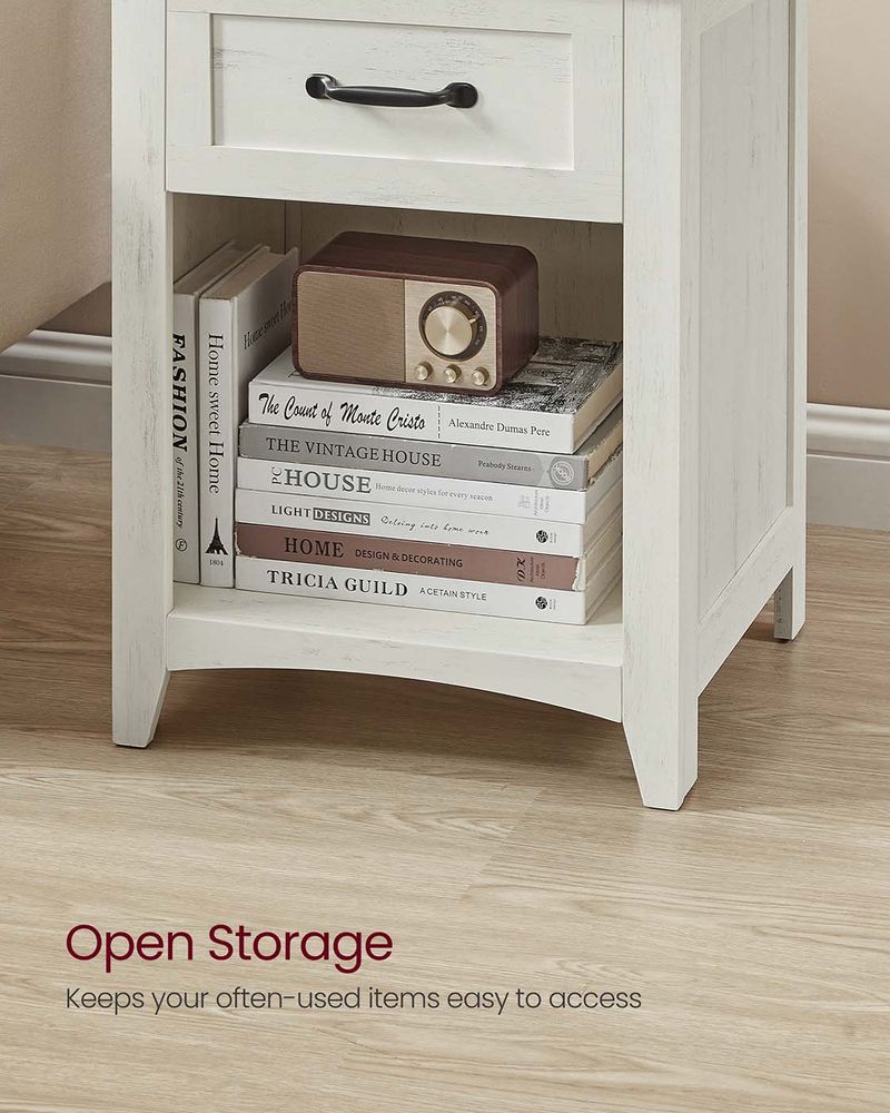 Nightstand With Charging Station - Farmhouse Style - Drawer Shelf