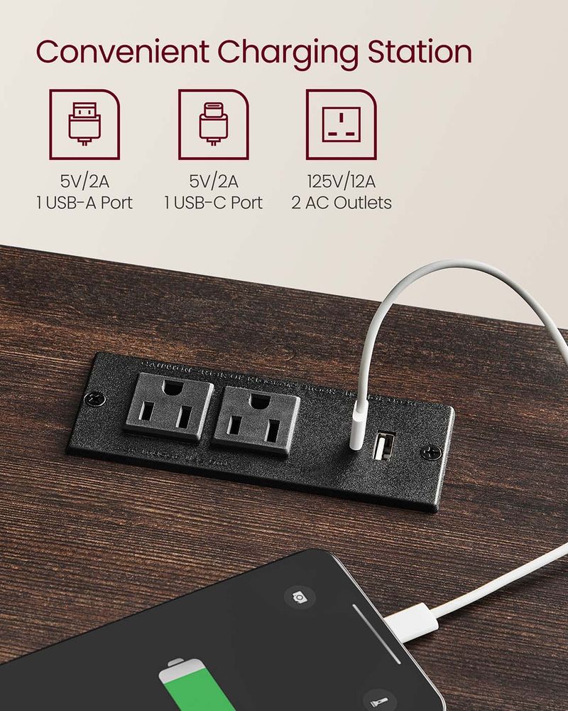 Nightstand With Charging Station - Farmhouse Style - Drawer Shelf