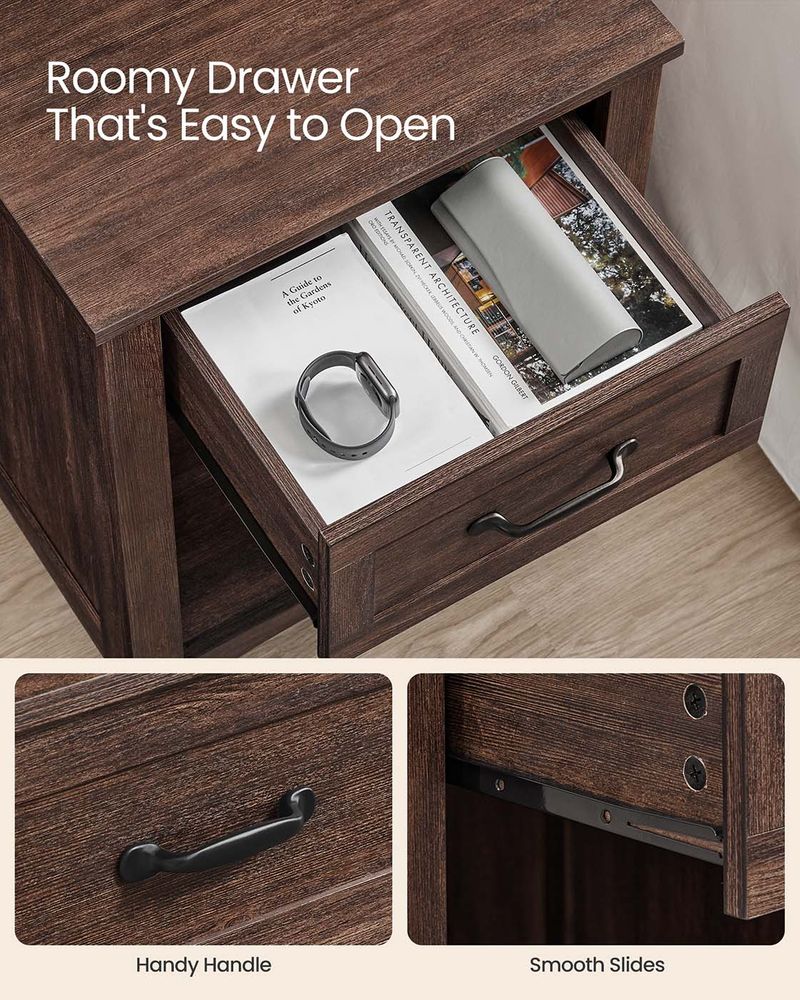 Nightstand With Charging Station - Farmhouse Style - Drawer Shelf