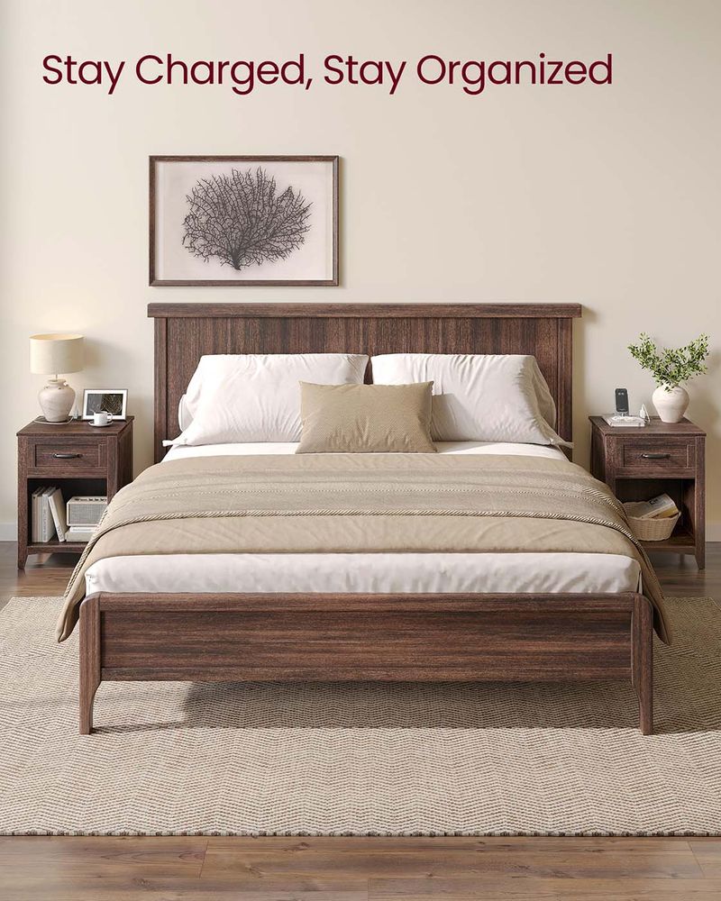 Nightstand With Charging Station - Farmhouse Style - Drawer Shelf