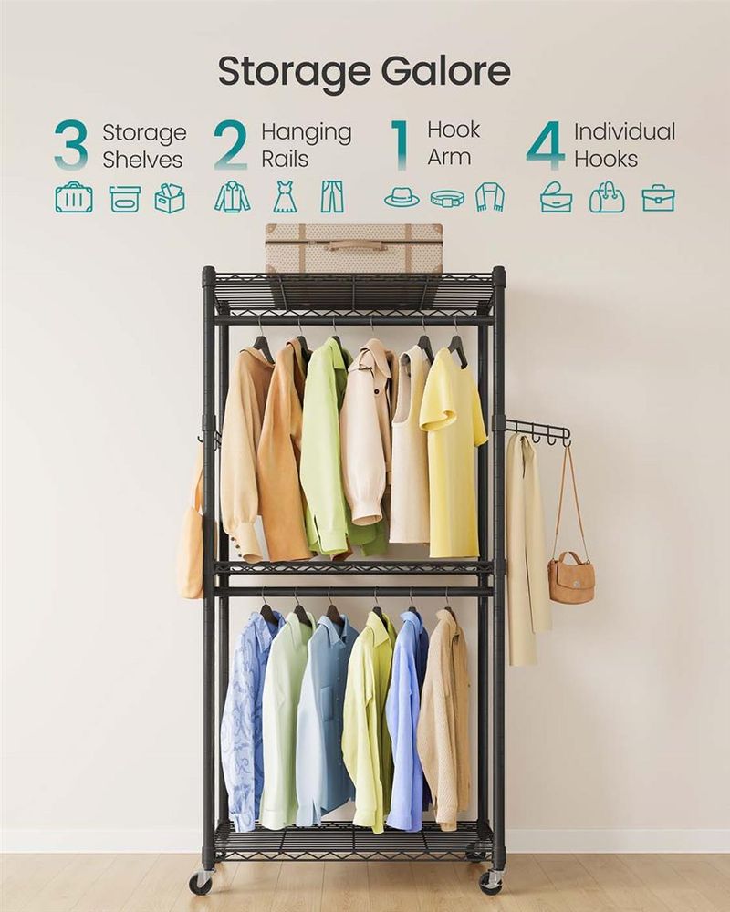 Clothes Rack - Heavy Duty Rolling - Adjustable Shelves Rails