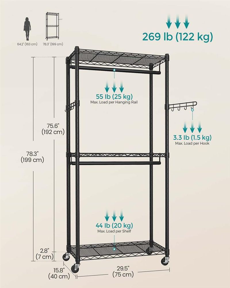 Clothes Rack - Heavy Duty Rolling - Adjustable Shelves Rails