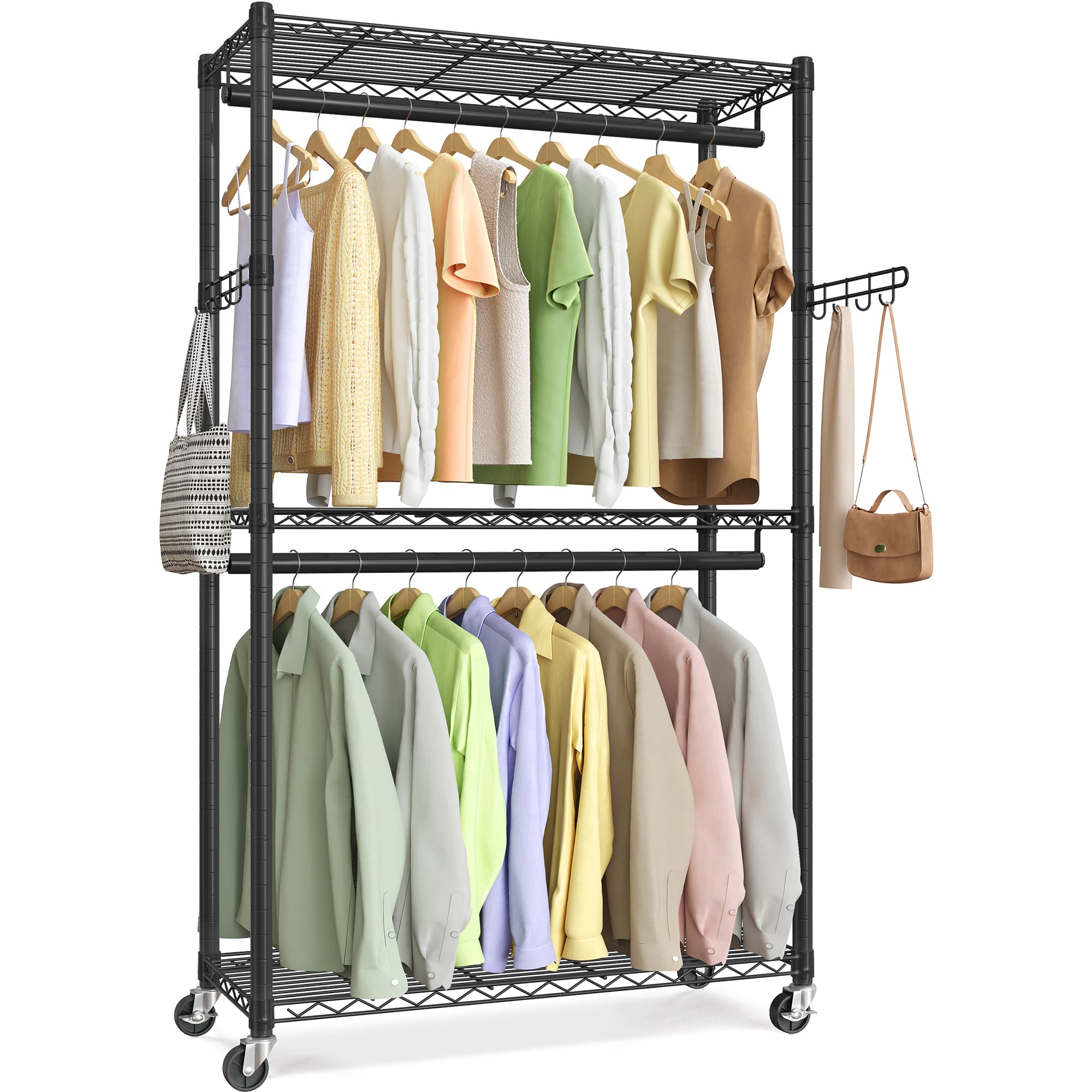 Heavy-Duty Rolling Clothes Rack – Adjustable Shelves & Rails – Portable Closet Organizer