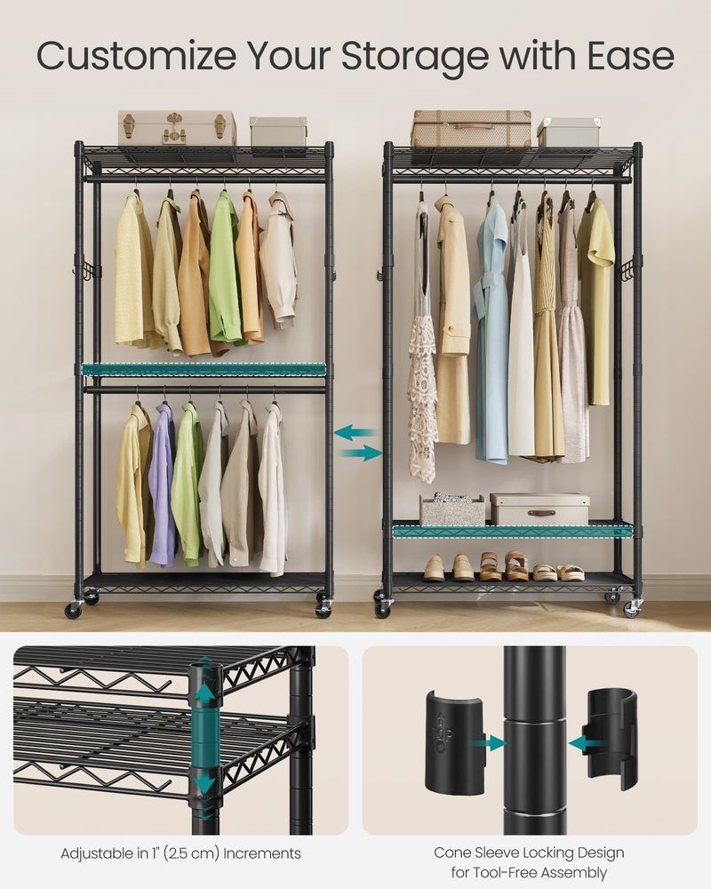 Heavy-Duty Rolling Clothes Rack – Adjustable Shelves & Rails – Portable Closet Organizer