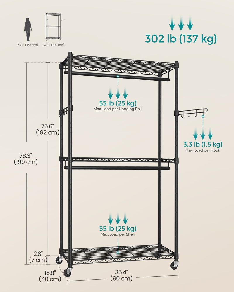 Heavy-Duty Rolling Clothes Rack – Adjustable Shelves & Rails – Portable Closet Organizer