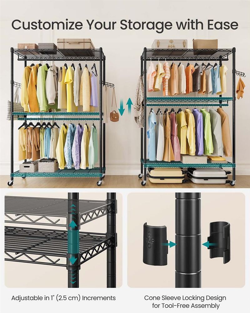 Heavy-Duty Rolling Clothes Rack – Adjustable Shelves & Rails – Portable Closet Organizer