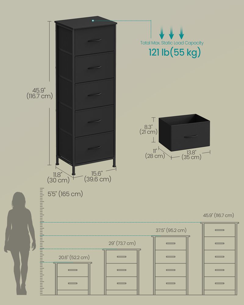 5 Drawer Dresser - Steel Frame - 46 Inch Tall Storage Organizer