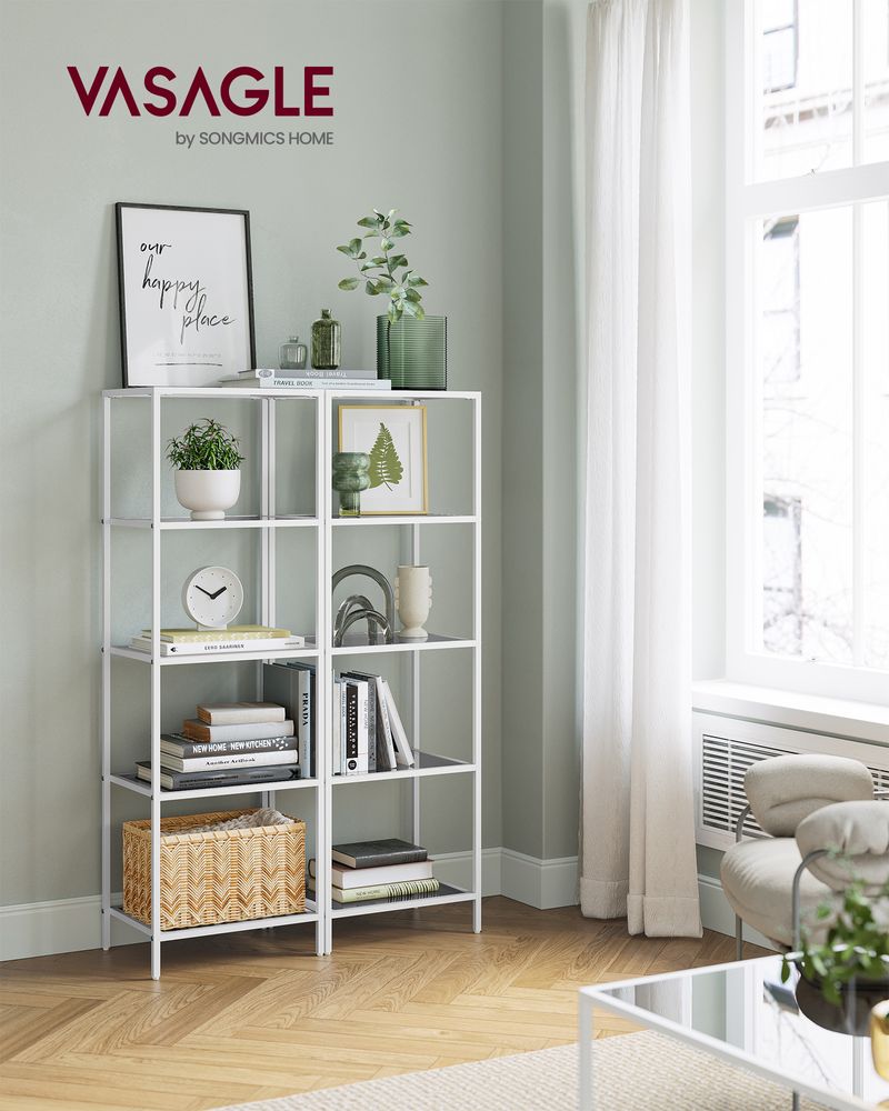 5 Tier Slim Bookcase Glass Shelves Narrow Storage Shelving Unit
