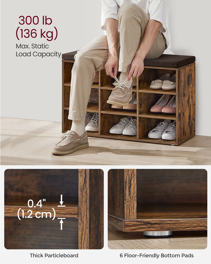 Shoe Bench With Cushion - 10 Compartments Storage - Entryway
