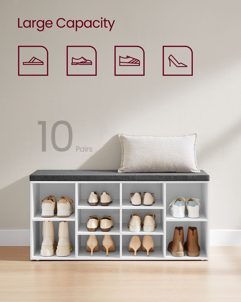 Shoe Bench With Cushion - 10 Compartments Storage - Entryway