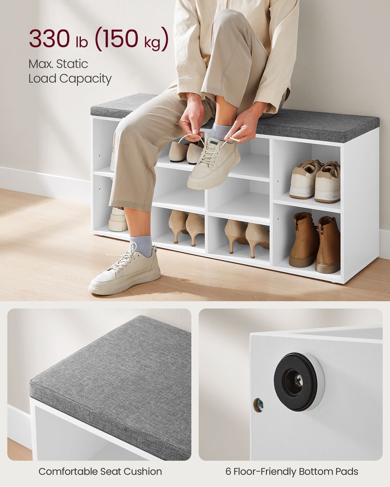 Shoe Bench With Cushion - 10 Compartments Storage - Entryway