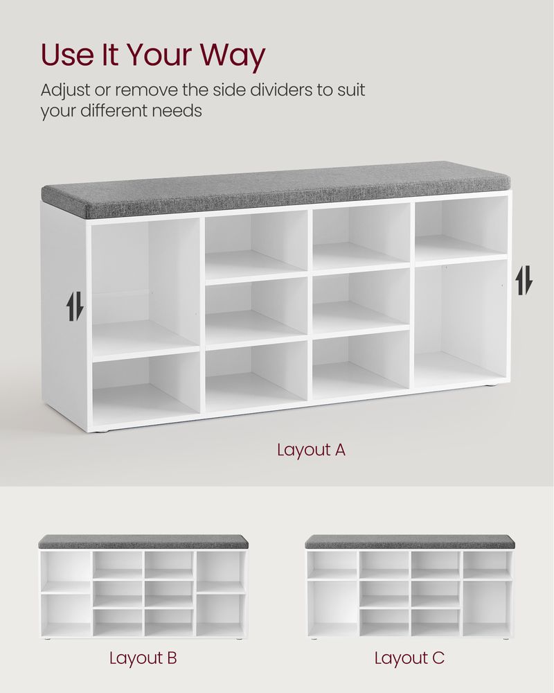 Shoe Bench With Cushion - 10 Compartments Storage - Entryway