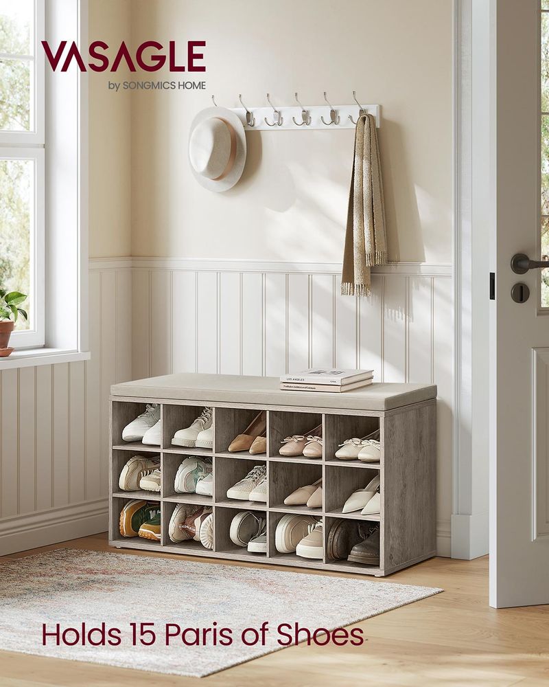 Shoe Bench With Cushion - 15 Compartments Storage - Entryway