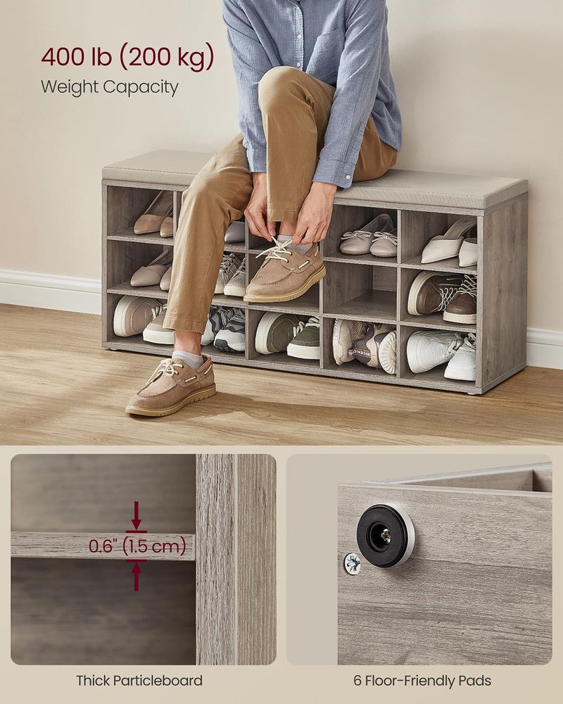 Shoe Bench With Cushion - 15 Compartments Storage - Entryway