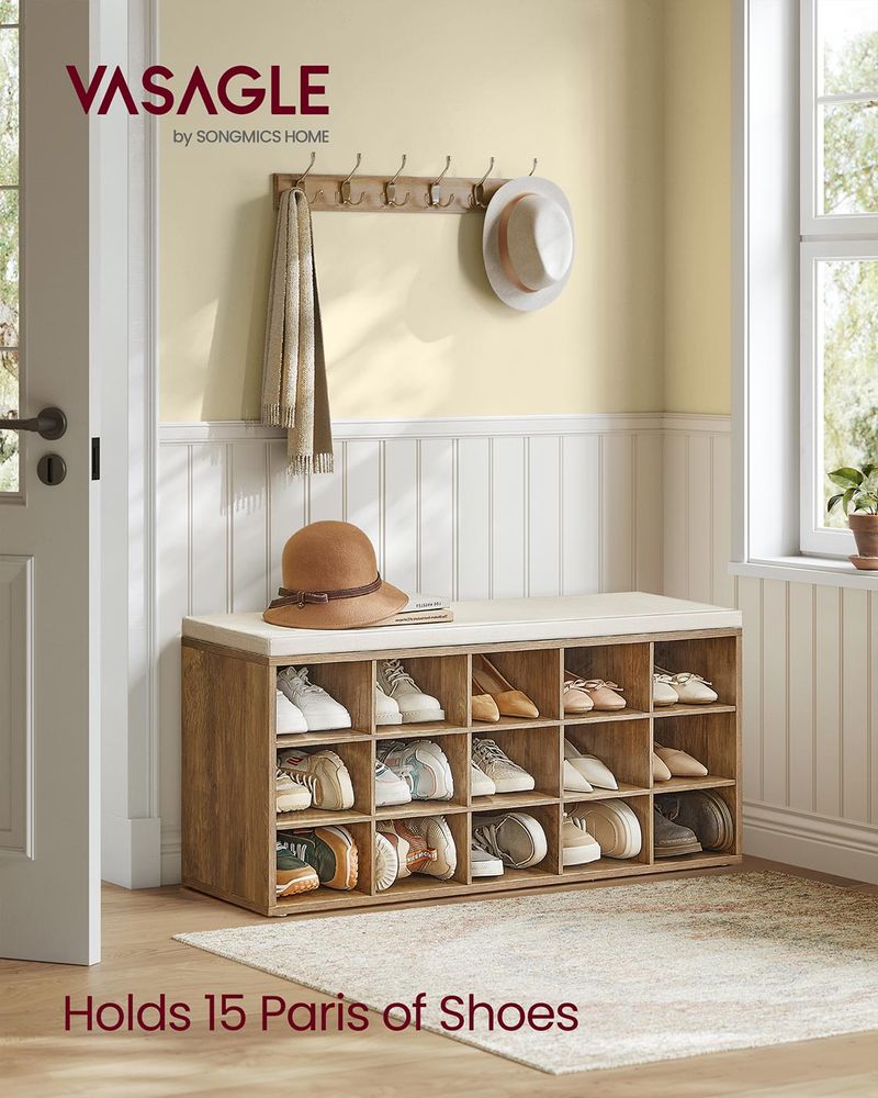 Shoe Bench With Cushion - 15 Compartments Storage - Entryway