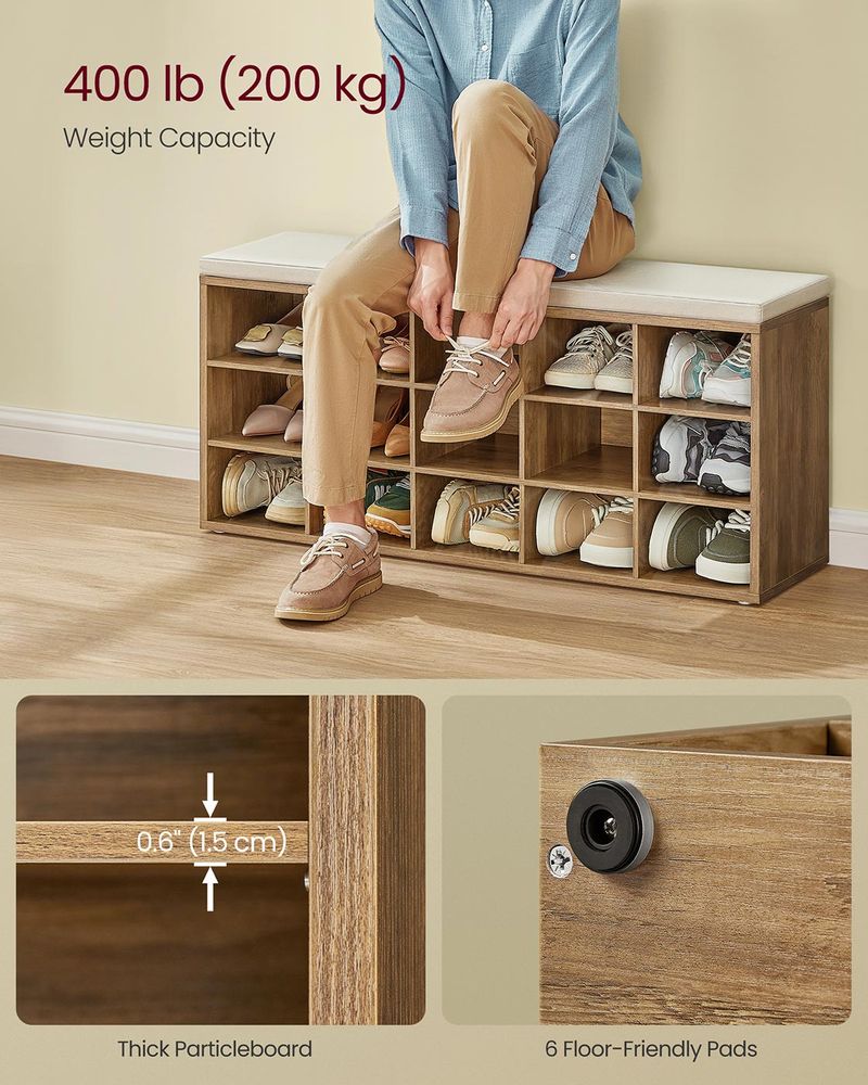 Shoe Bench With Cushion - 15 Compartments Storage - Entryway