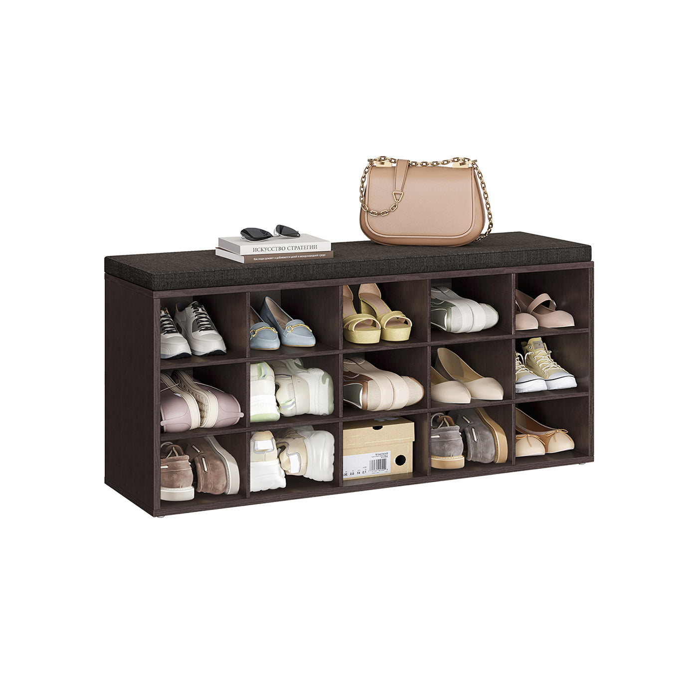 Shoe Bench With Cushion - 15 Compartments Storage - Entryway