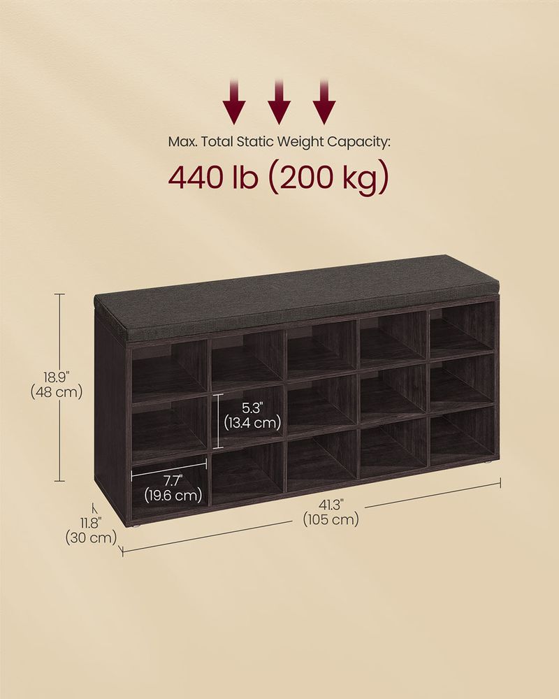 Shoe Bench With Cushion - 15 Compartments Storage - Entryway