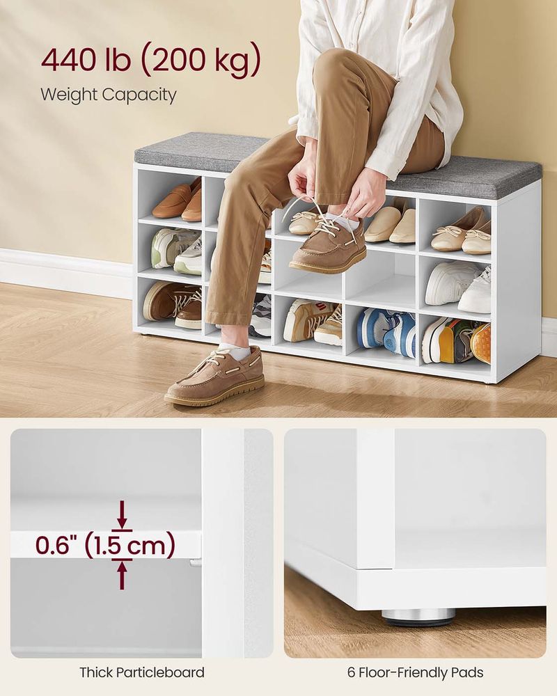 Shoe Bench With Cushion - 15 Compartments Storage - Entryway