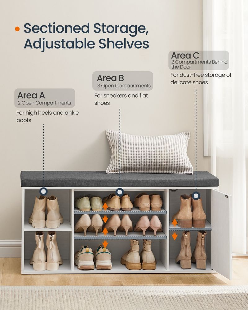 Storage Bench – Doors & Adjustable Shelves – Entryway Shoe Bench