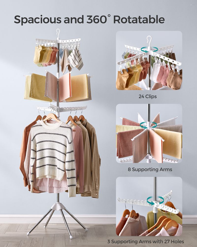 Clothes Drying Rack - 1–3 Tier Folding - 360° Rotating Arms