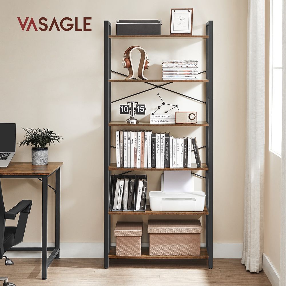 Bookshelf - Industrial 6 Tier - Steel Frame Tall Storage Shelf
