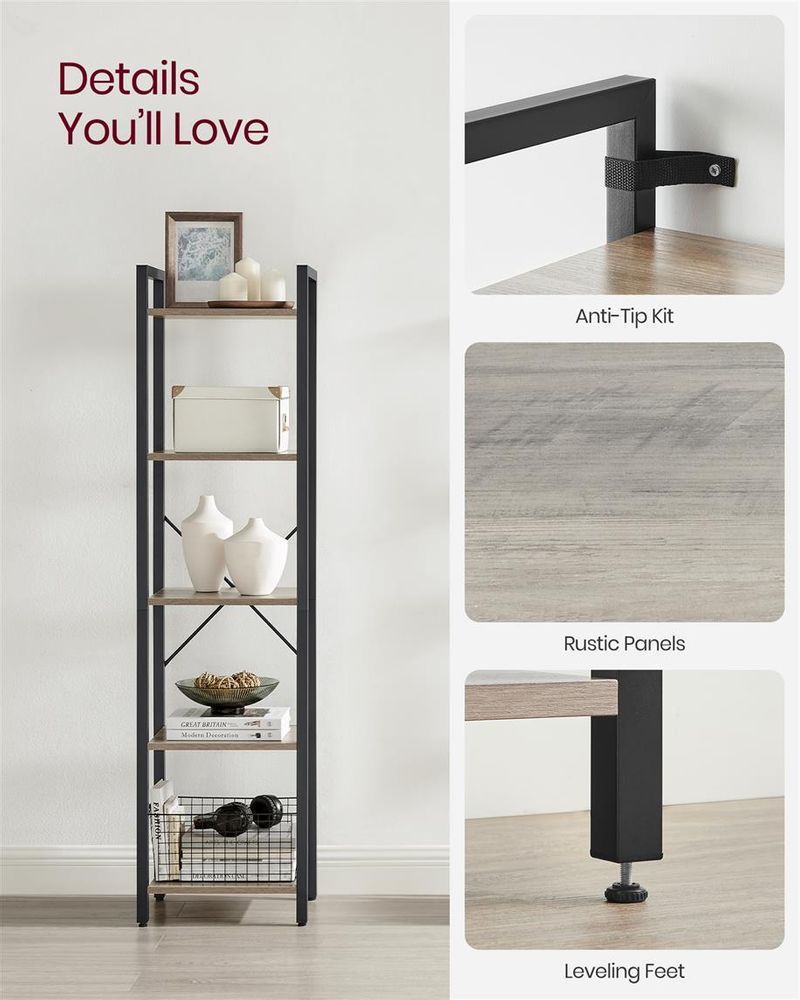 5 Shelf Storage Shelving Unit Narrow Bookcase With Steel Frame