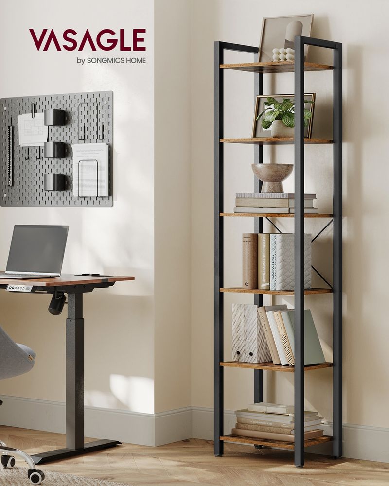 6 Tier Narrow Bookcase Tall Storage Shelving Unit With Steel Frame