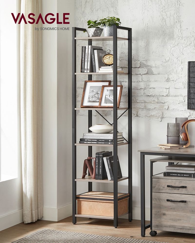 6 Tier Narrow Bookcase Tall Storage Shelving Unit With Steel Frame