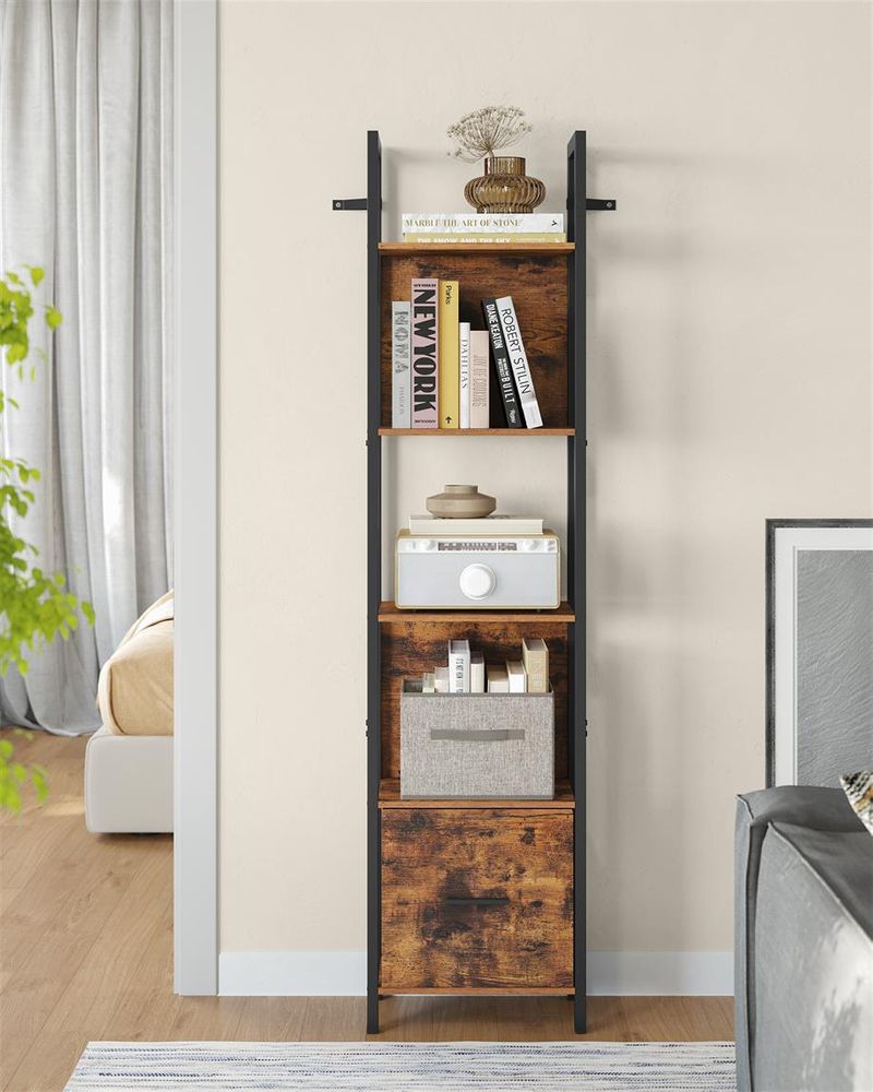 5 Tier Bookshelf With Drawer Tall Bookcase Storage Shelving Unit