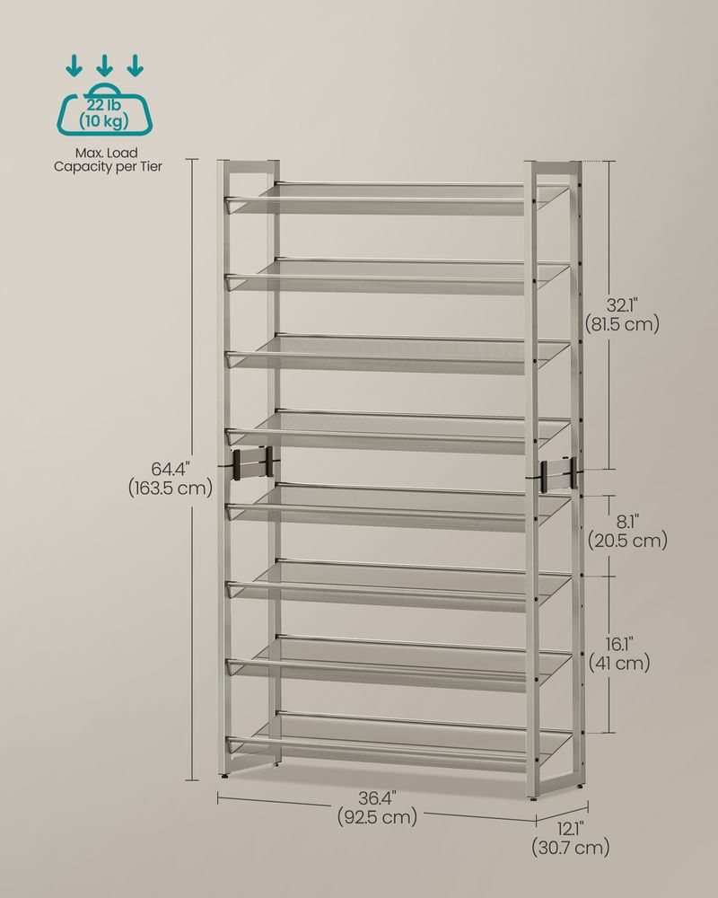 Shoe Organizer - 8 Tier Metal Rack - Large Capacity Storage